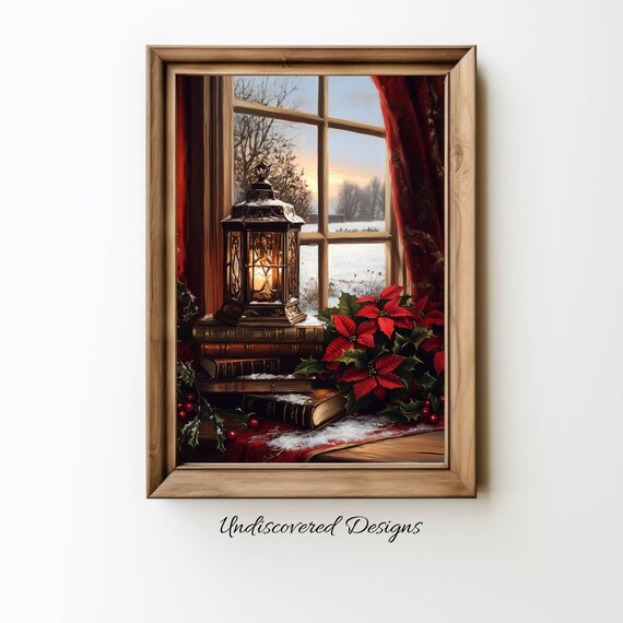 Glowing Lantern on Books by Snowy Window Christmas Still Life Poster