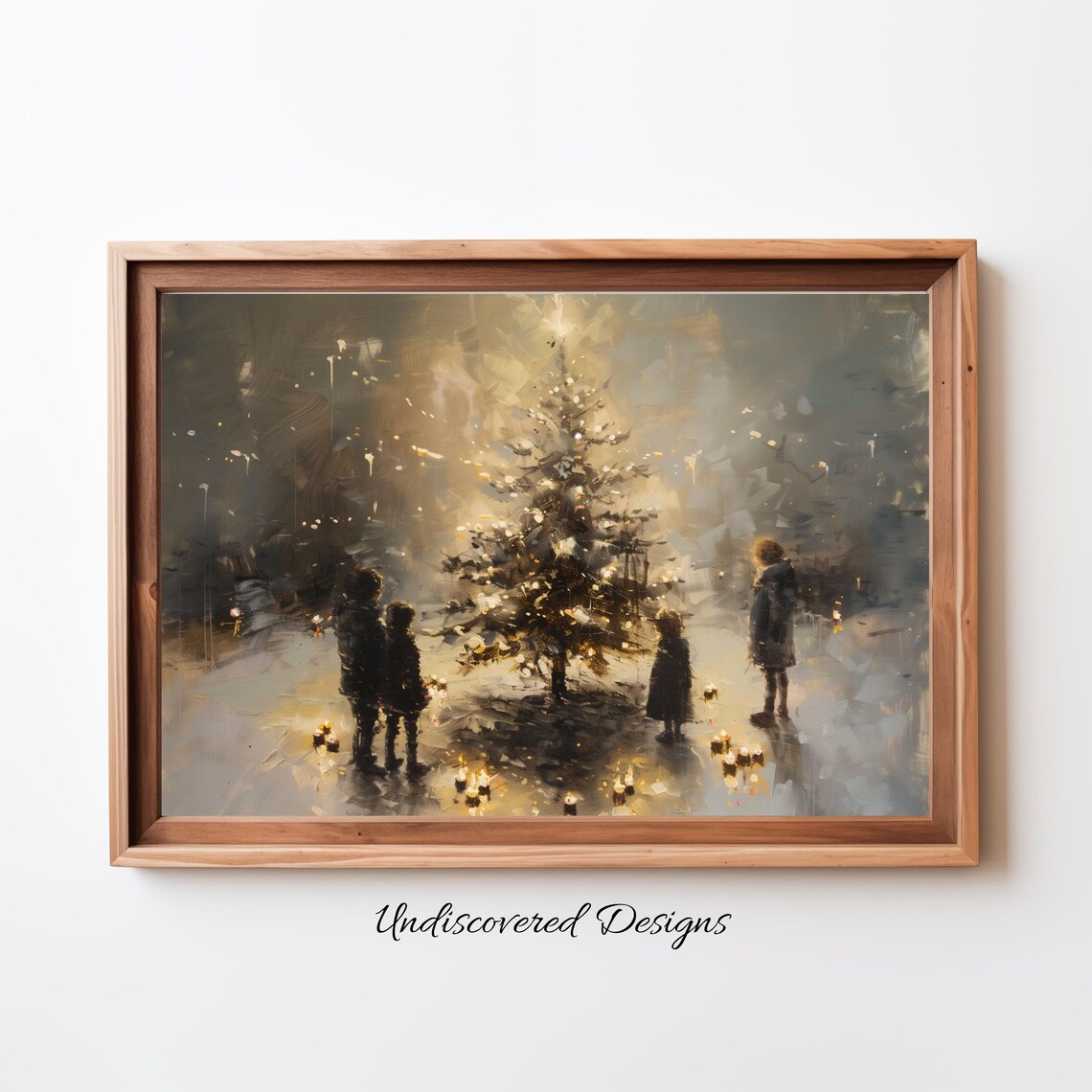 Christmas Tree with White Lights and Children Vintage Holiday Poster