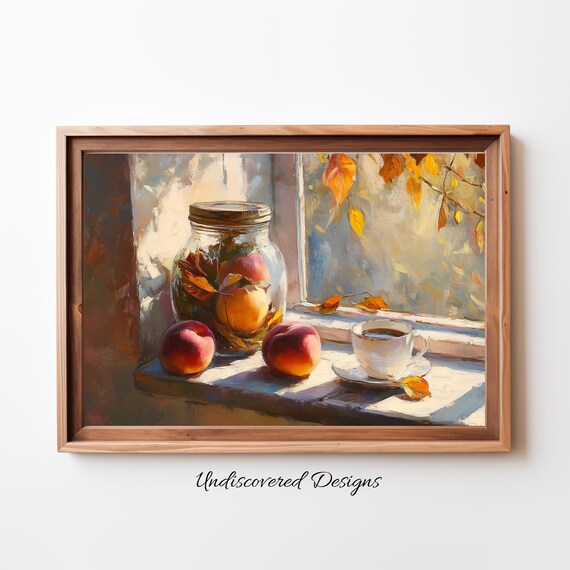Peaches and Tea Cup Sunny Windowsill Vintage Still Life Art Poster