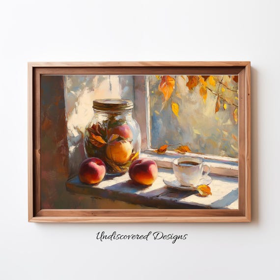 Peaches And Tea Still Life Painting Art Printout Wall Vintage Prints Print
