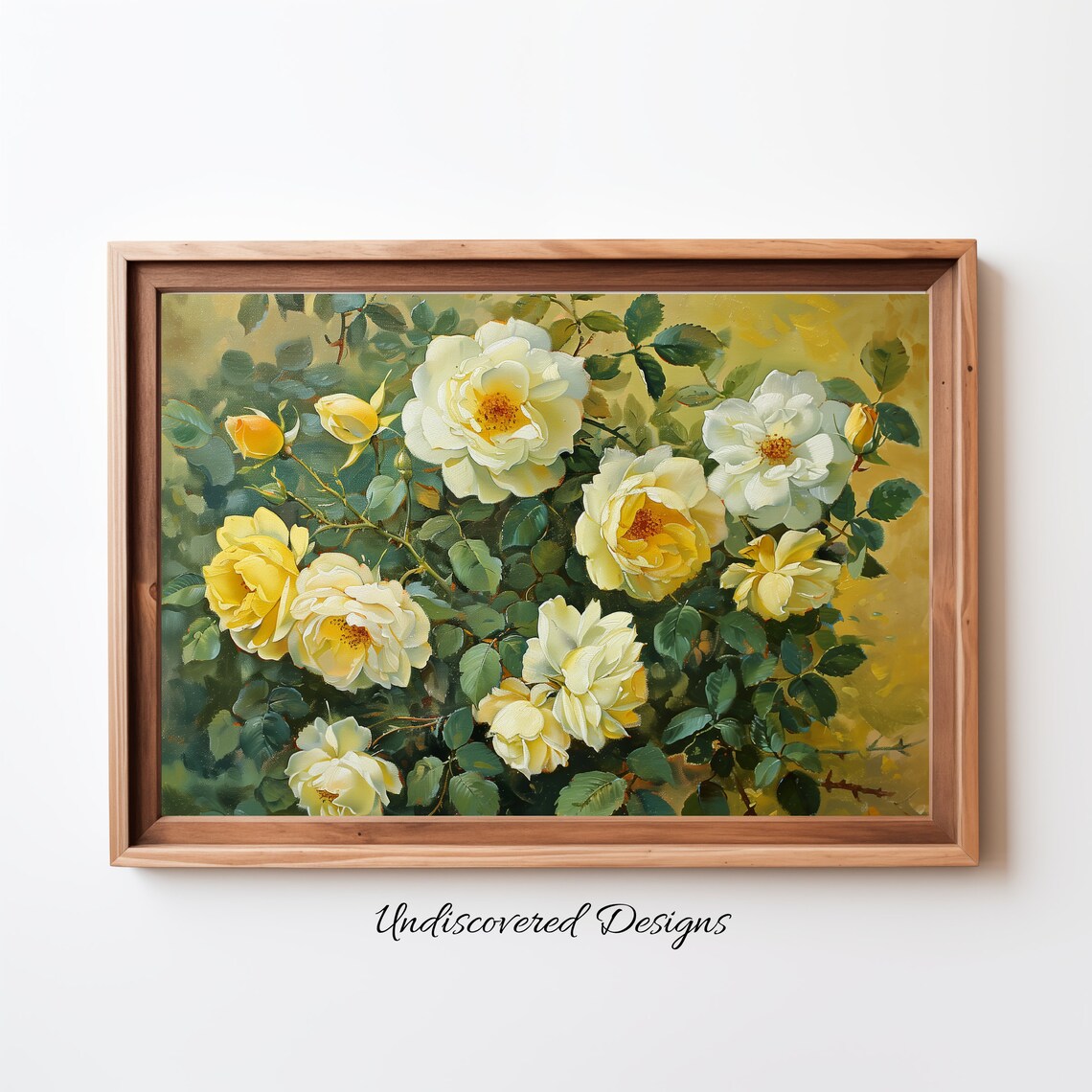 Vintage Yellow White Roses Bush Oil Painting Floral Art Print