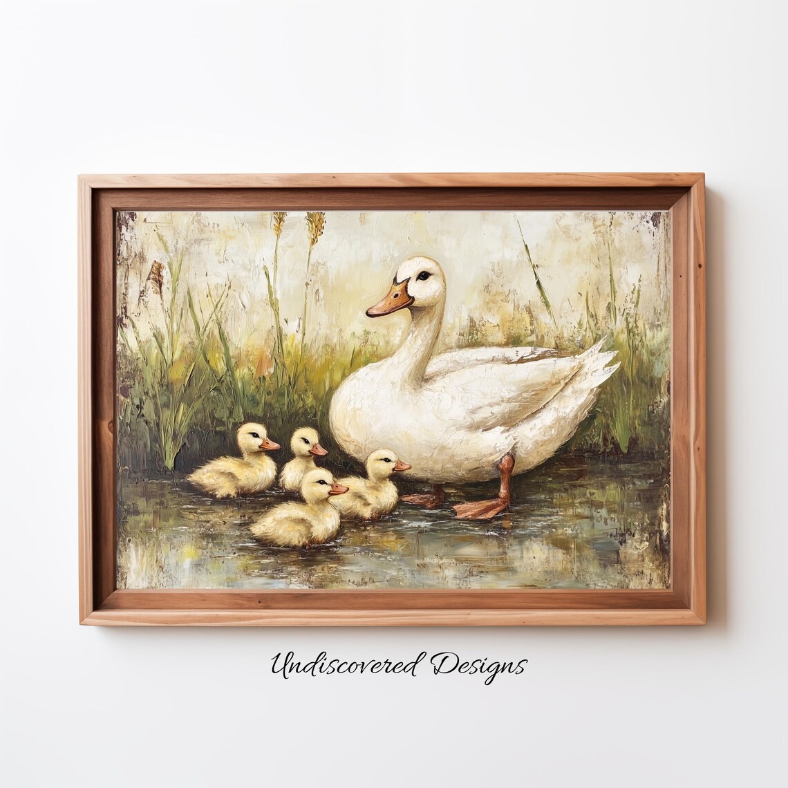 White Duck and Ducklings Vintage Oil Painting Farmhouse Art Poster