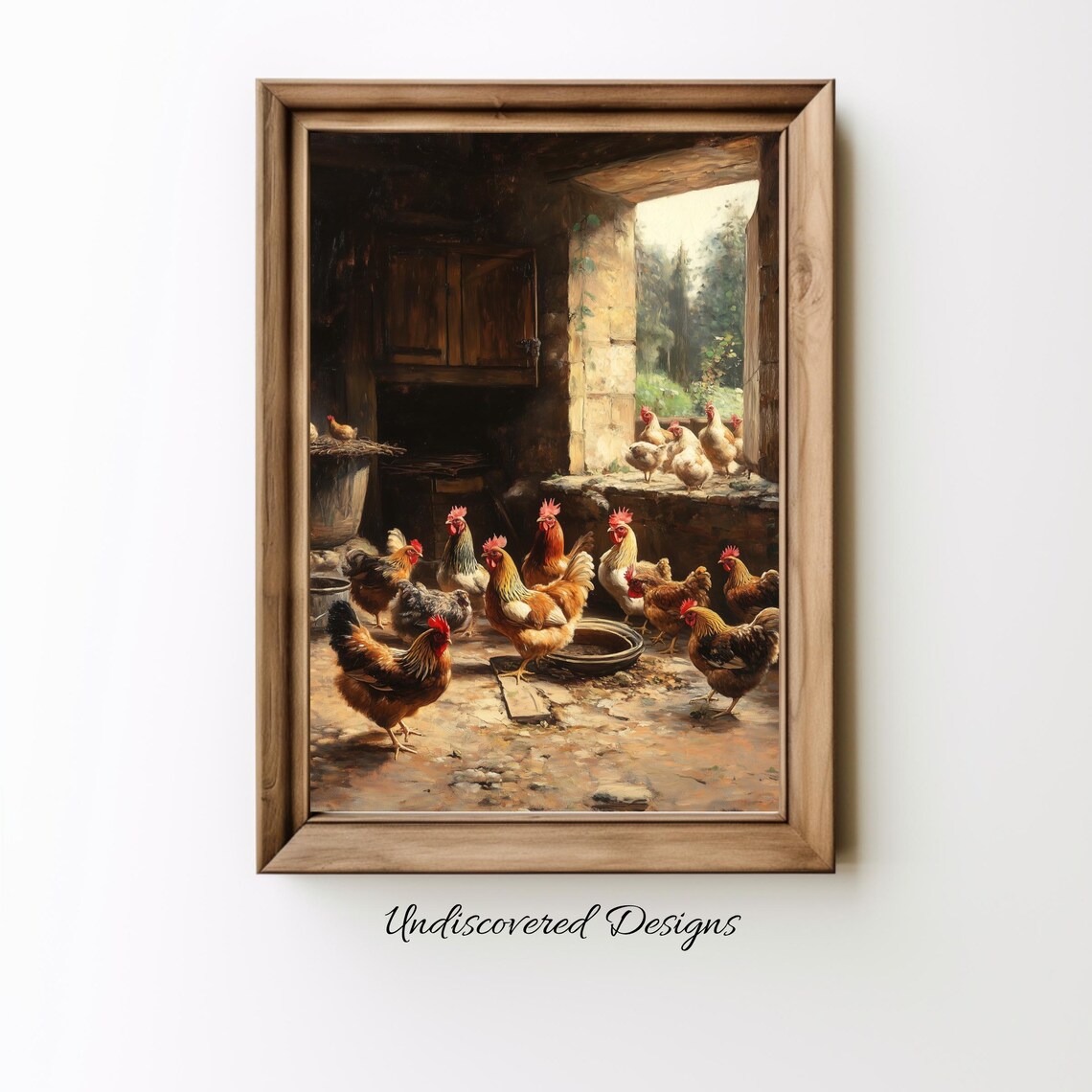 Roosters And Hens In Rustic Farmyard Vintage Oil Painting Poster