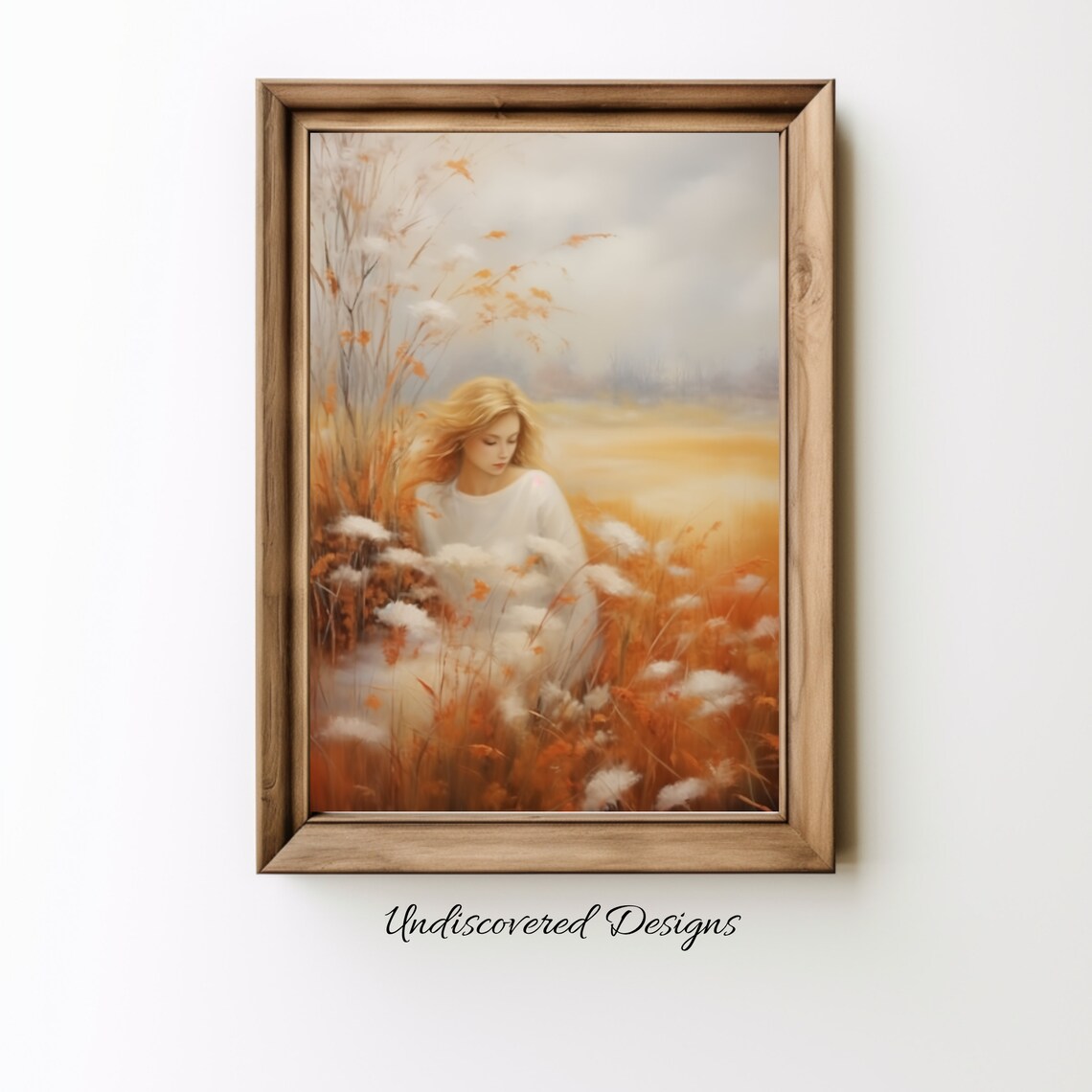 Woman Standing in Autumn Flower Field Golden Meadow Art Poster