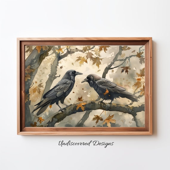 Crows On Oak Branch Vintage Art Print Spooky Halloween Decor Prints