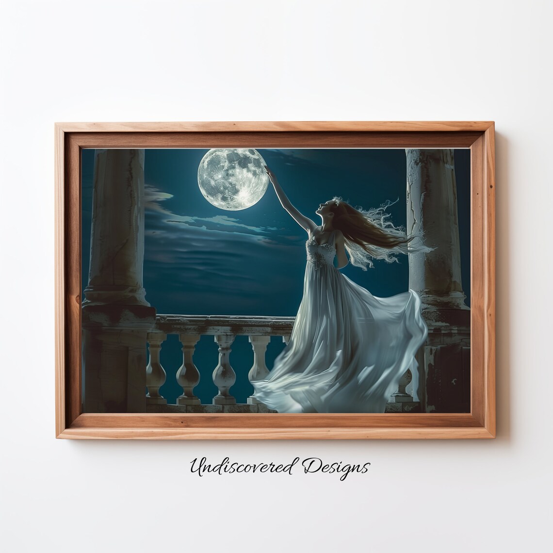 Woman In White Gown Reaching For The Moonlight Vintage Art Poster