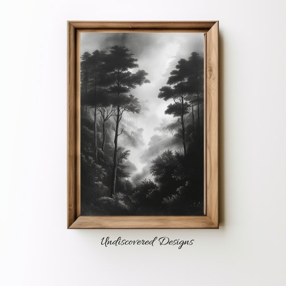 Vintage Foggy Forest Charcoal Art Print Rustic Home Decor