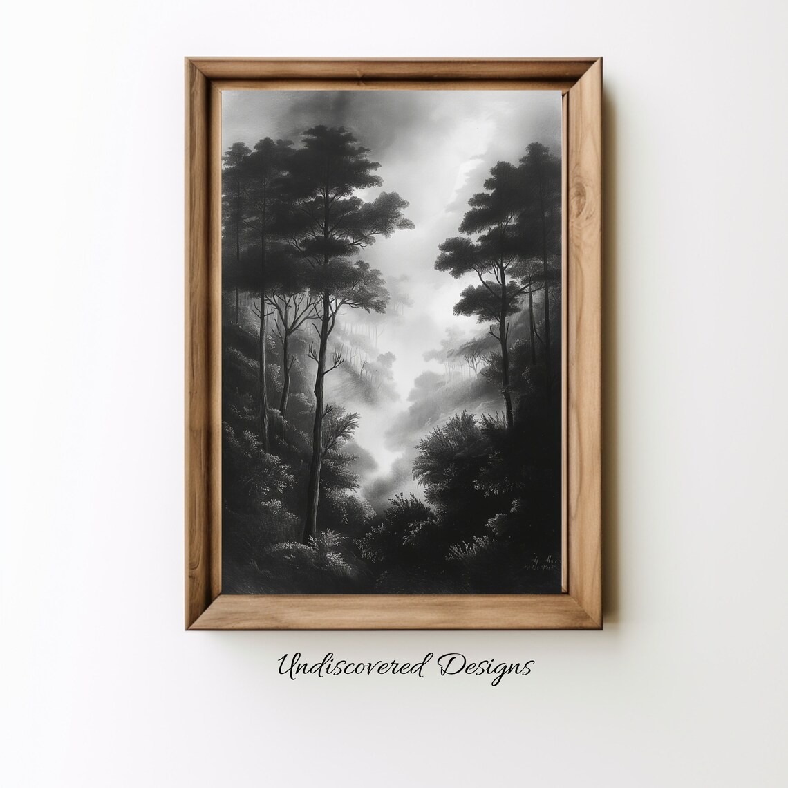 Foggy Forest in Mist Black and White Charcoal Moody Woodland Poster