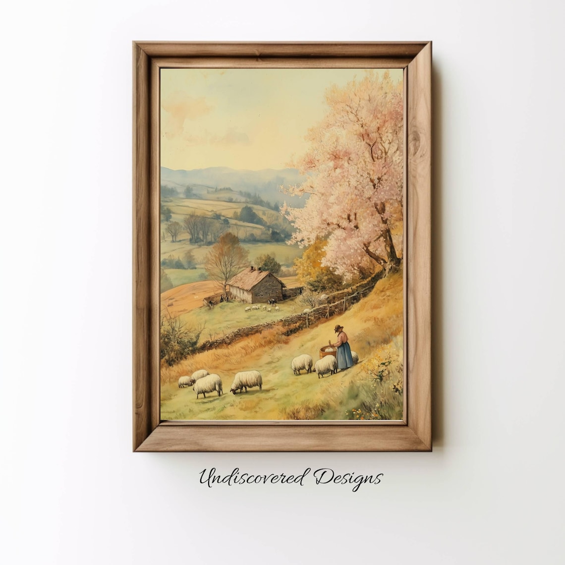 Shepherdess Tending Sheep in a Blooming English Countryside Art Print