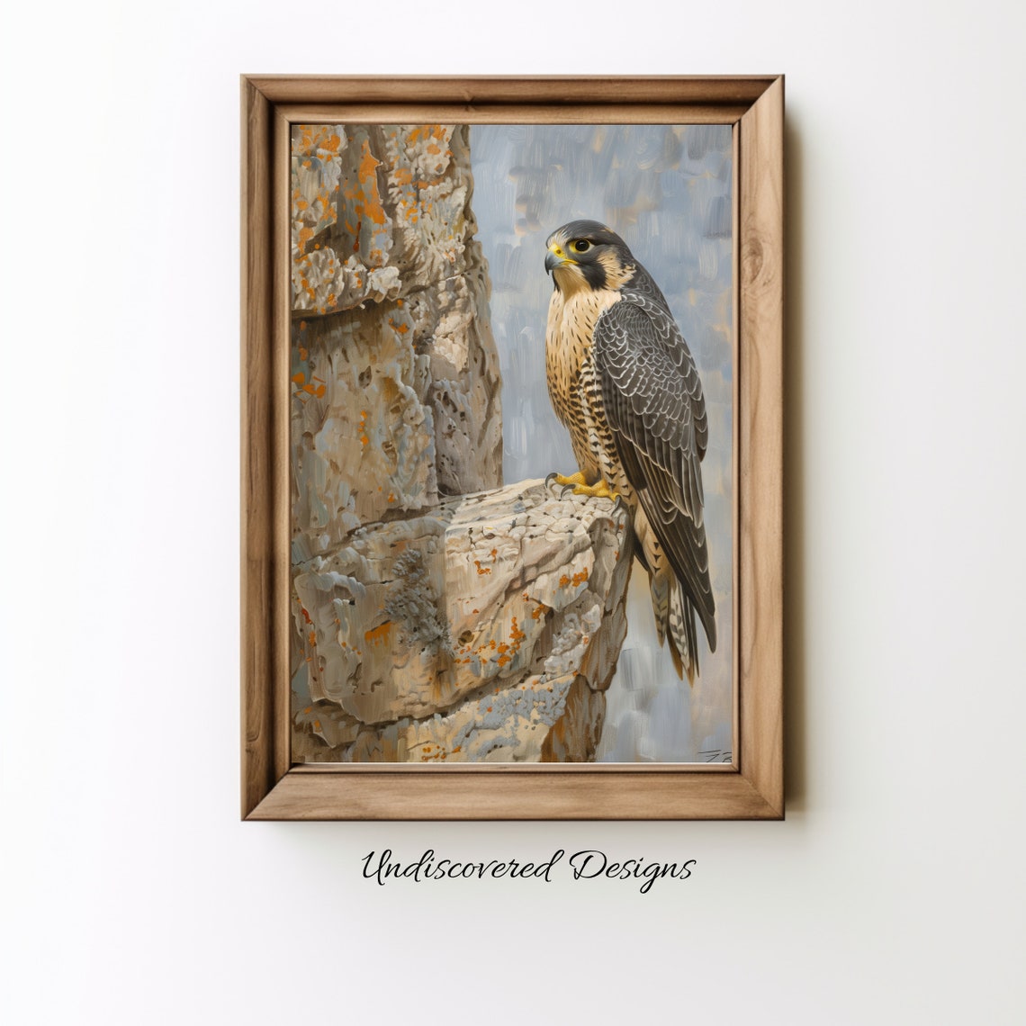 Peregrine Falcon Standing Alert On Rocky Lichen Cliff Vintage Poster
