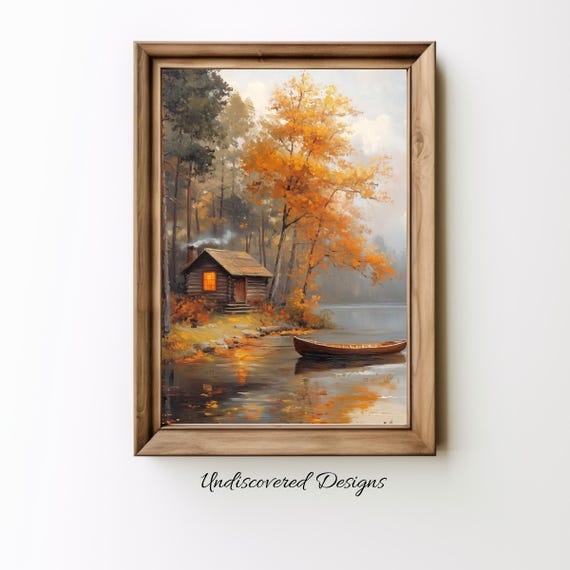 Small Cabin By The Lake Art Printout Wall Vintage Prints Print Oil Painting