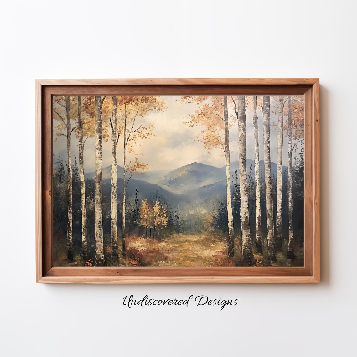 Birch Trees Autumn Valley Mountains Vintage Landscape Poster