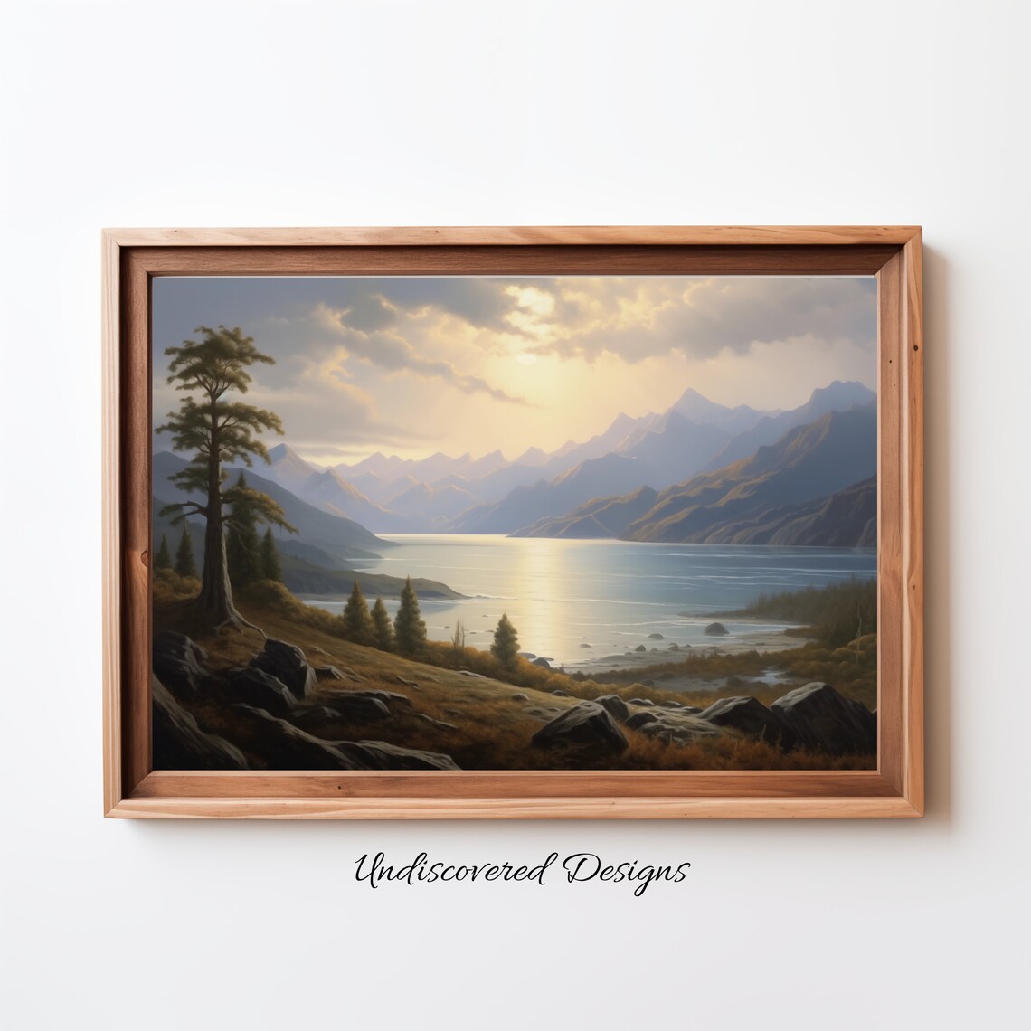 Rocky Mountain Lake Sunset Golden Light Vintage Landscape Poster