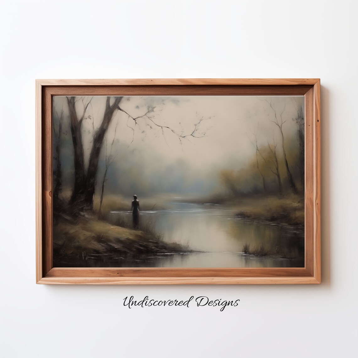 Lonely Woman By Misty River Vintage Moody Landscape Art Print