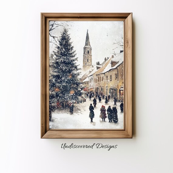 Snowy Old Town Square Christmas Tree And Church Vintage Winter Art Poster