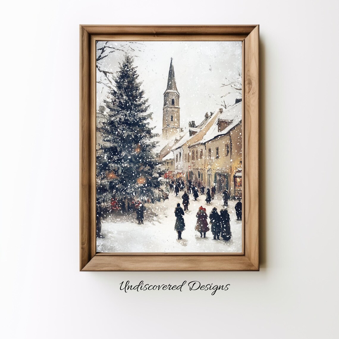 Snowy Old Town Square Christmas Tree And Church Vintage Winter Art Poster