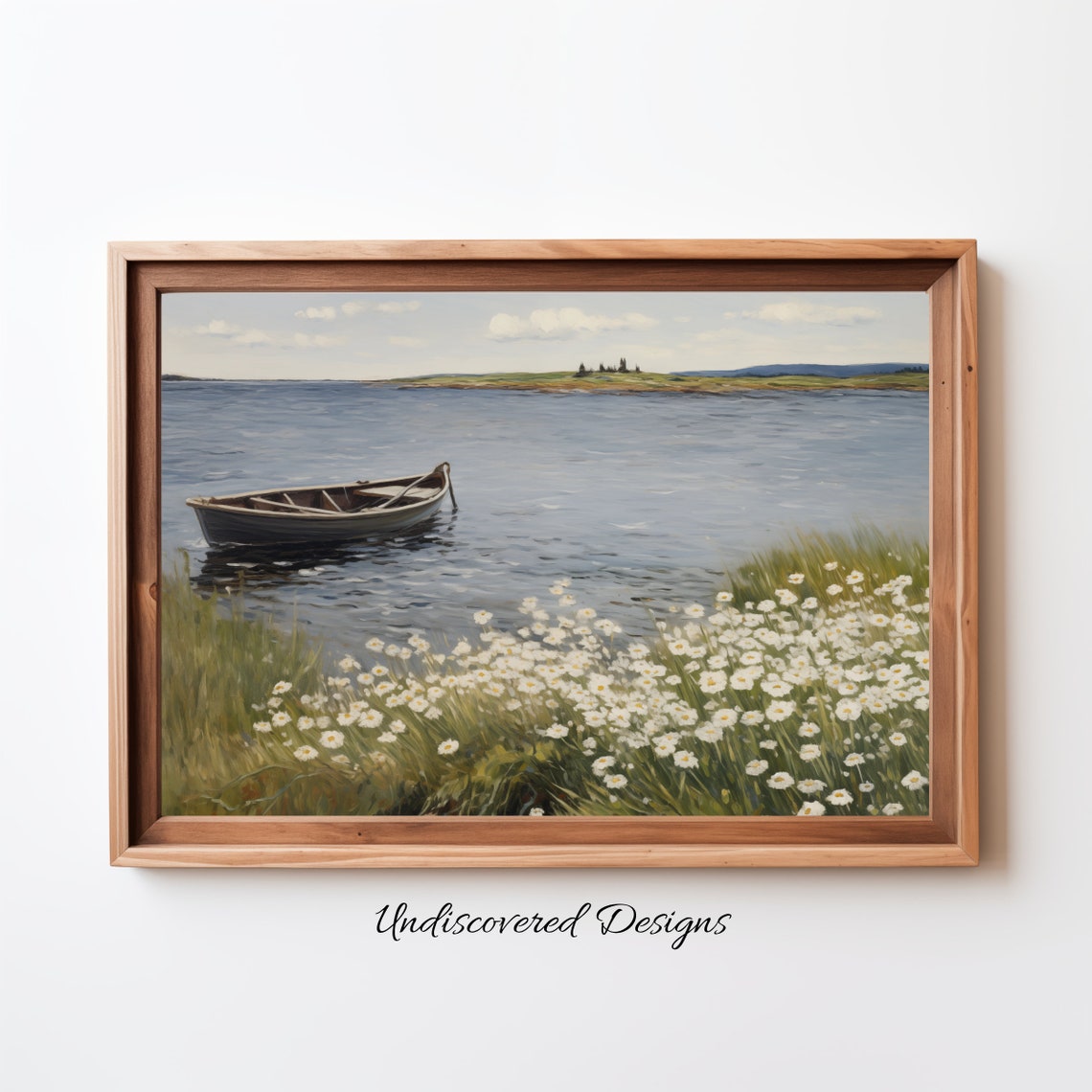 Vintage Rowboat and Daisies Calm Lake Oil Painting Art Poster
