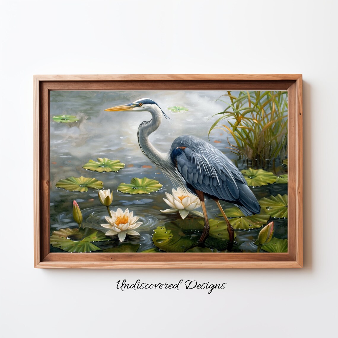 Great Blue Heron Water Lily Pond Realistic Oil Painting Poster
