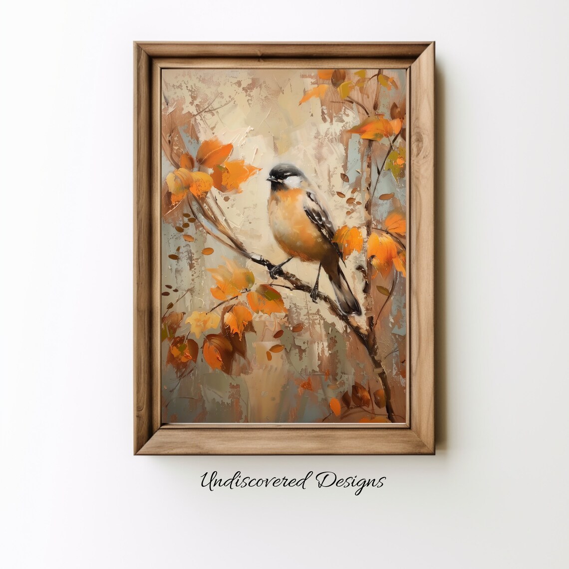 Autumn Songbird Oil Painting Perched Among Golden Fall Leaves Poster