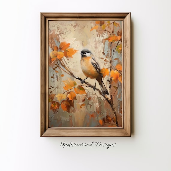 Autumn Songbird Oil Painting Perched Among Golden Fall Leaves Poster