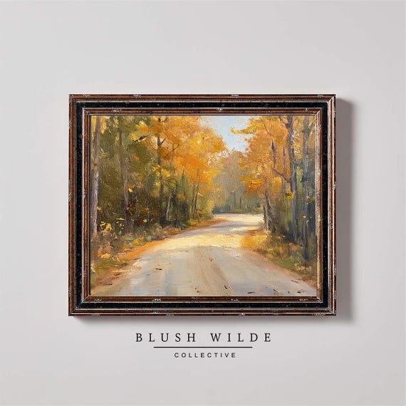 Vintage Fall Drive Oil Painting Rustic Autumn Landscape