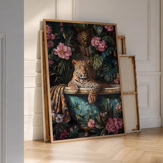 Leopard In Bathtub Print Pink Prints Jungle Wall Art Cheetah Bathroom Poster Animal Digital File