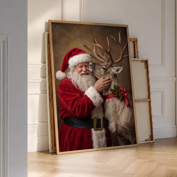 Santa And Reindeer Christmas Print Funky Retro Poster Vintage Holiday Wall Art Claus Digital File