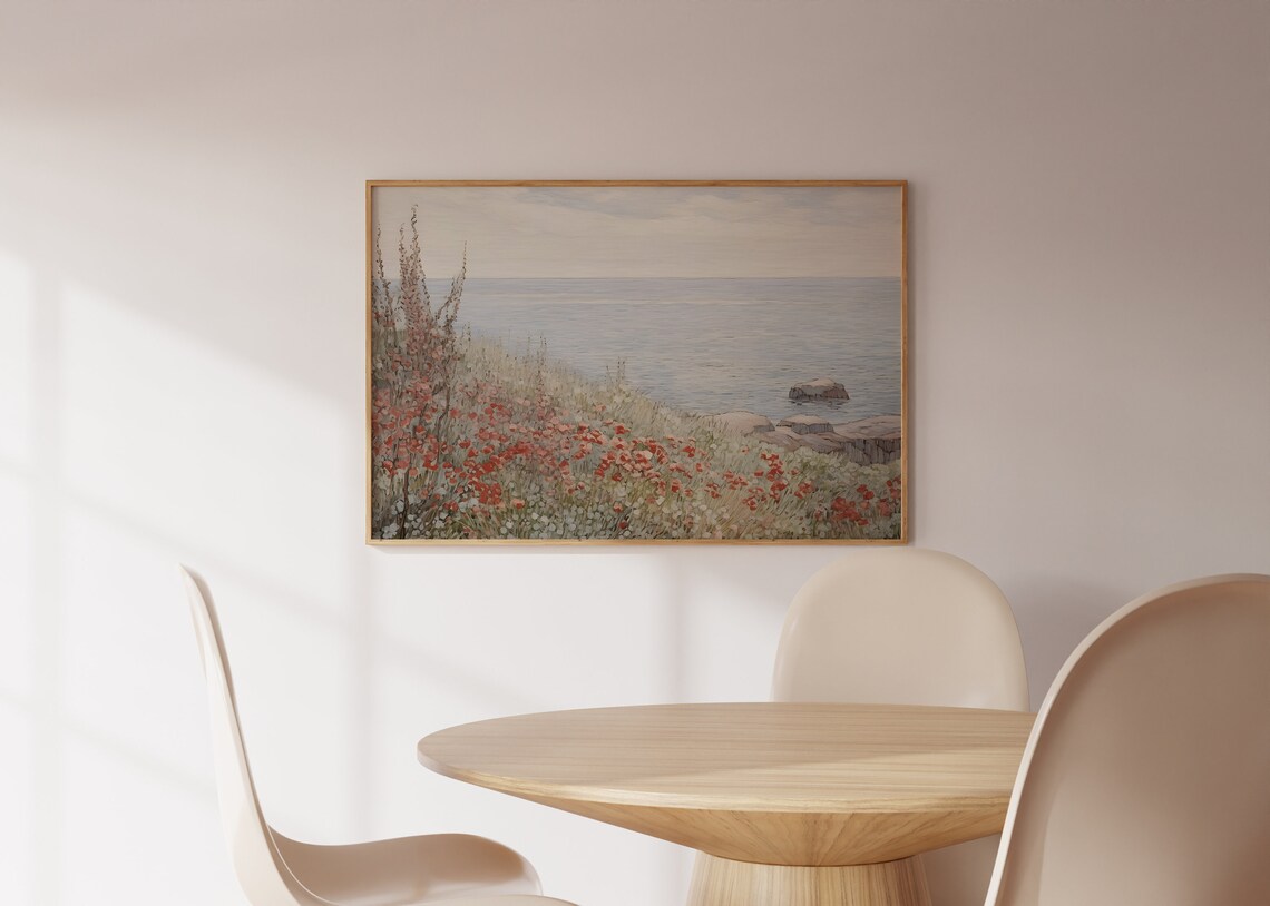 French Countryside Coastal Meadow Red Wildflowers Spring Print - Image 3