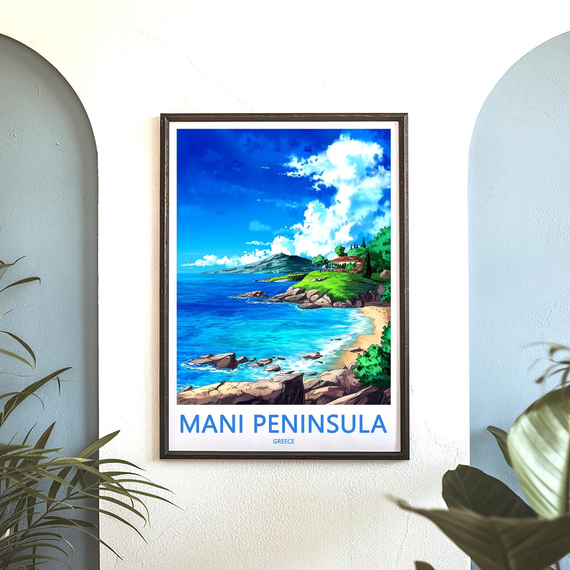 Mani Peninsula Greece Turquoise Cove and Seaside Villa Travel Poster - Image 3