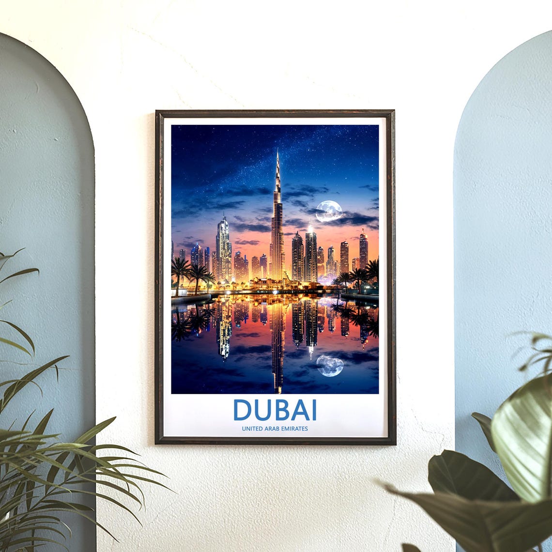 Dubai Night Full Moon Skyline with Sparkling Reflections Travel Poster - Image 3