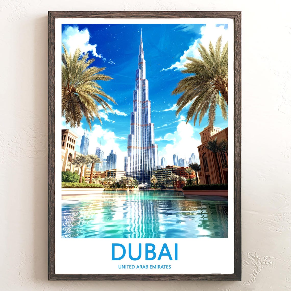 Dubai Burj Khalifa Illustrated Lake Palm Fronds Travel Poster
