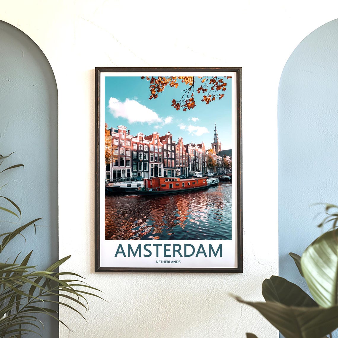 Amsterdam Canal Houseboats under Autumn Branches Photo Poster - Image 3