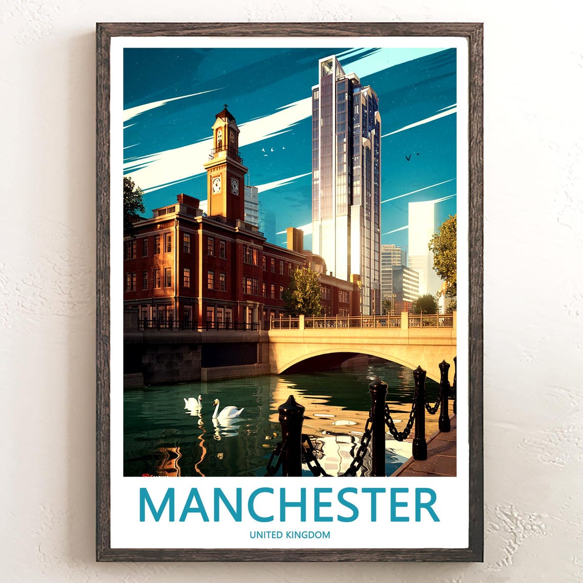 Manchester United Kingdom Clock Tower Skyscraper Swans Poster