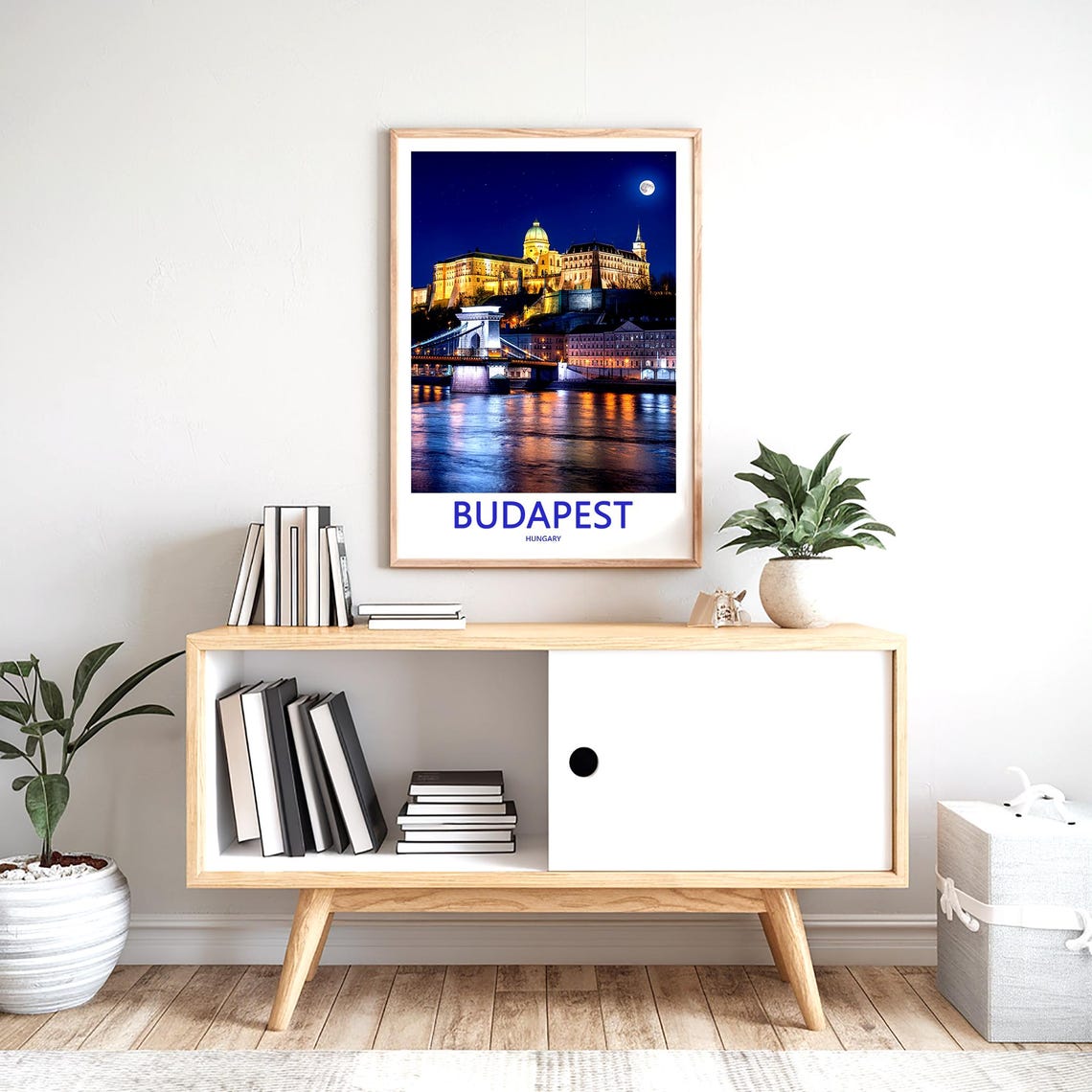 Budapest Hungary Castle Night With Chain Bridge and Moon Poster - Image 2