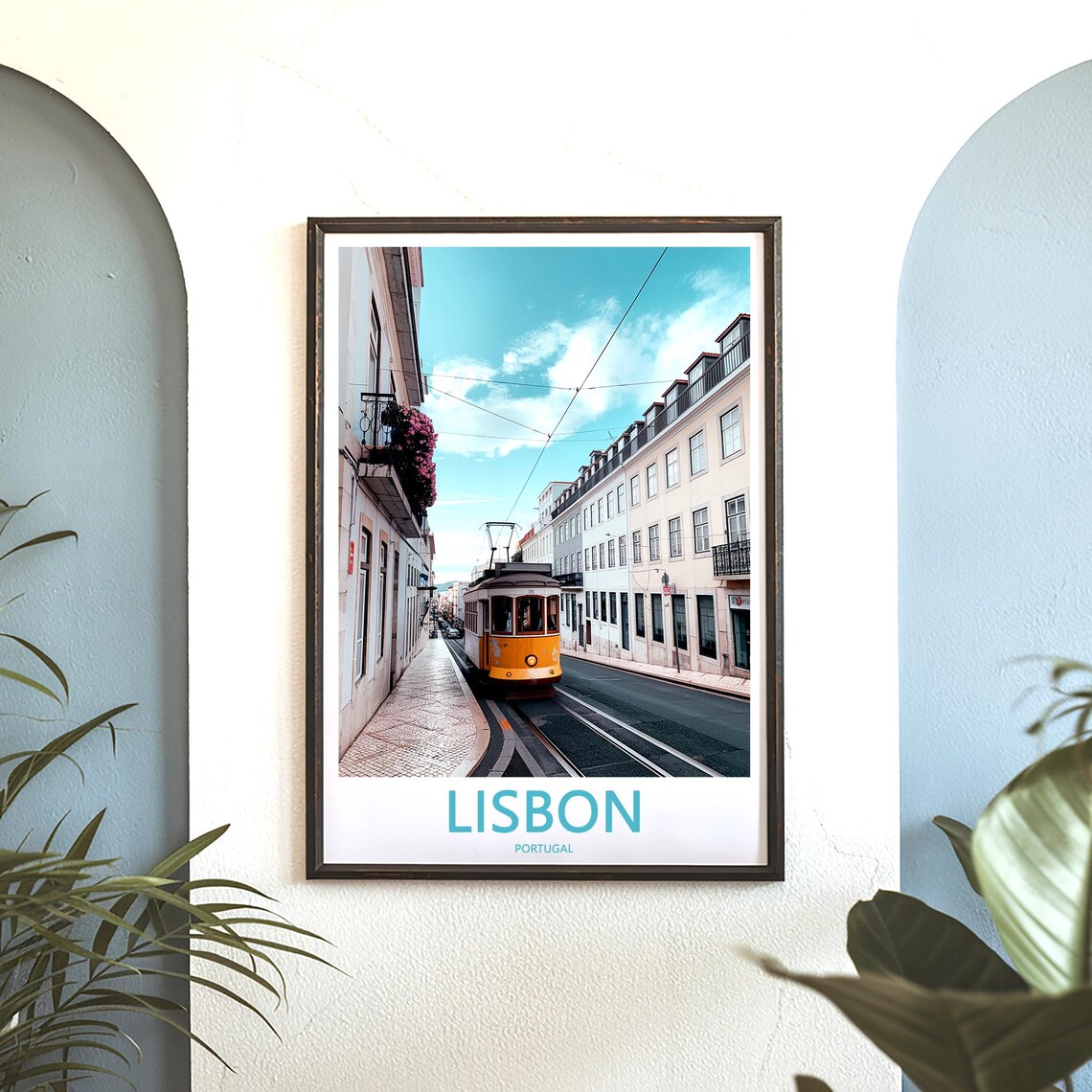Lisbon Yellow Tram on a Narrow Street With Flower Balcony Poster - Image 3