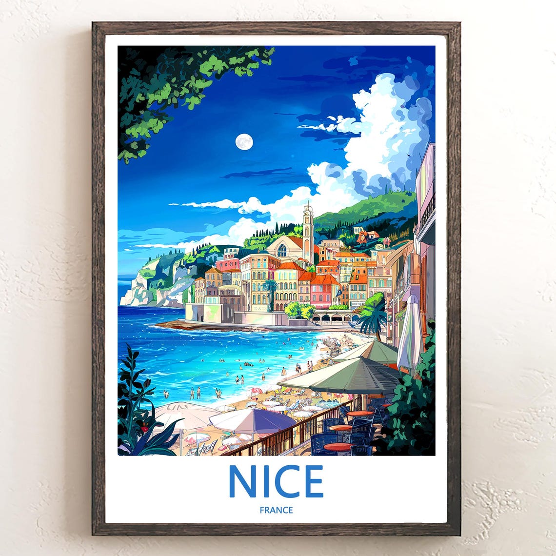 Nice France Moonlit Old Town Beach Night Travel Decor Poster