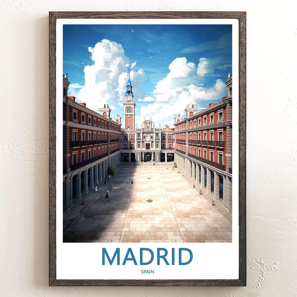 Madrid Plaza Mayor Historic Clock Tower Bright Blue Sky Poster