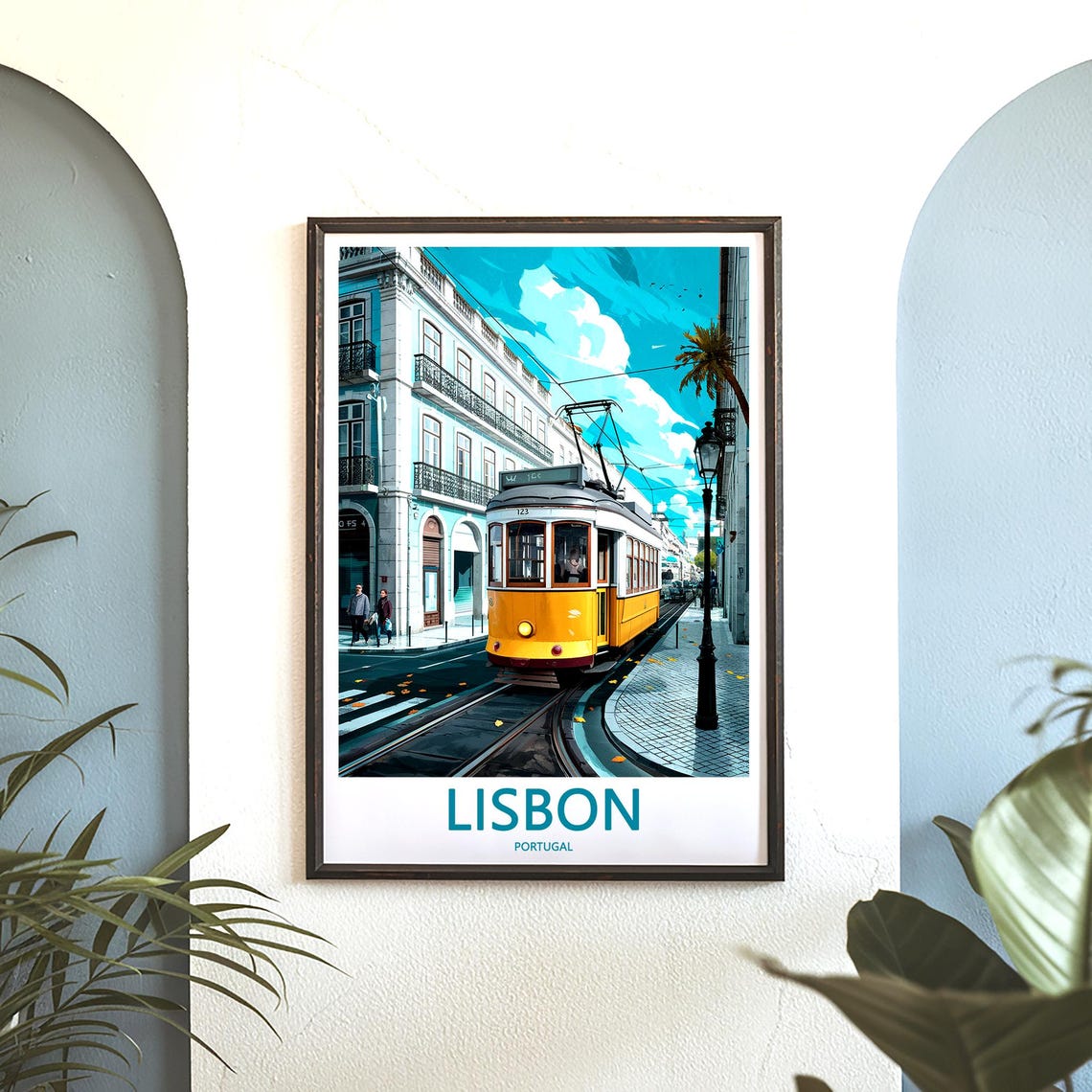 Lisbon Yellow Tram 123 on a Bright Sunny City Street Corner Poster - Image 3