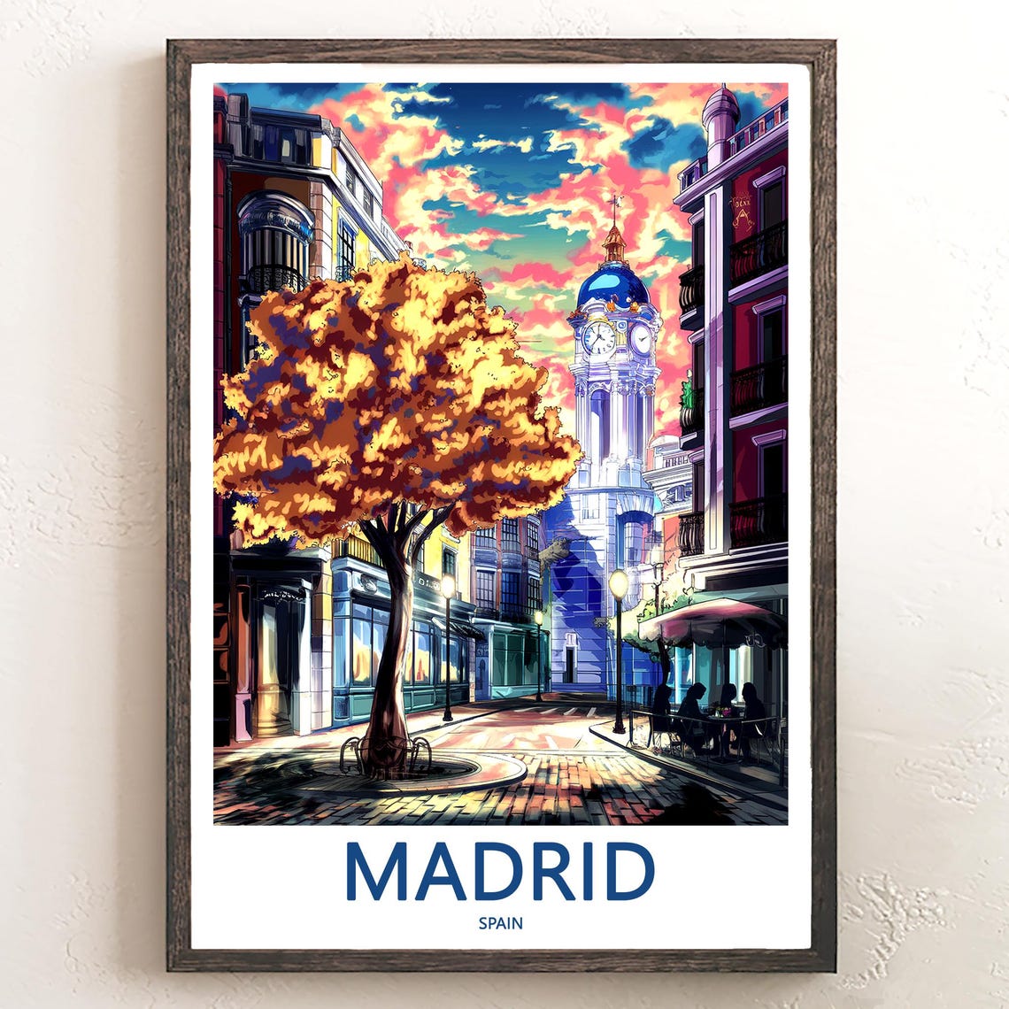 Madrid Clock Tower Golden Autumn Tree Sunset Glow Art Poster