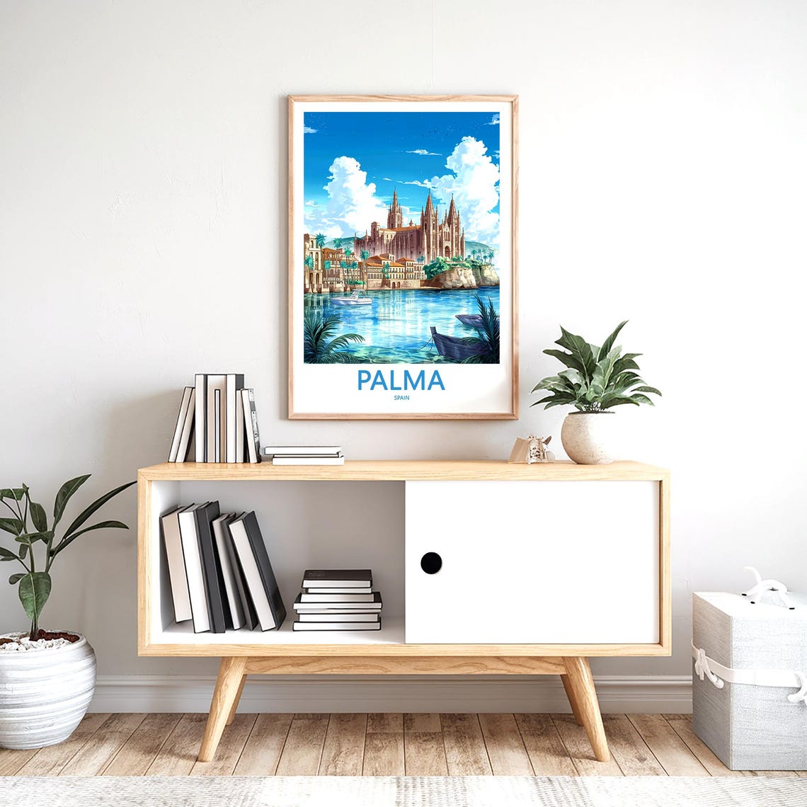 Palma Spain Seaside Cathedral With Boats and Palm Fronds Poster - Image 2