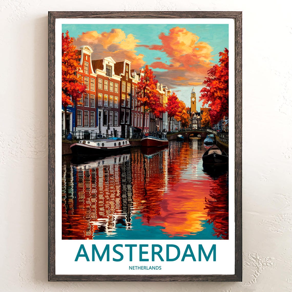Amsterdam Canal Reflection Houseboats Orange Trees Art Poster