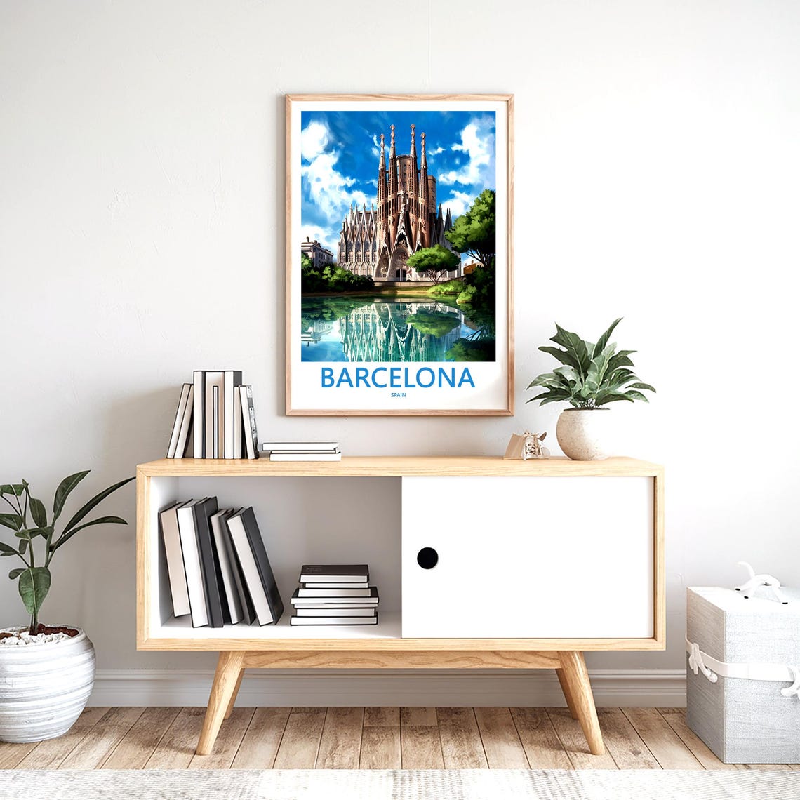 Barcelona Sagrada Familia Water Reflection Green Trees Travel Poster - Image 2