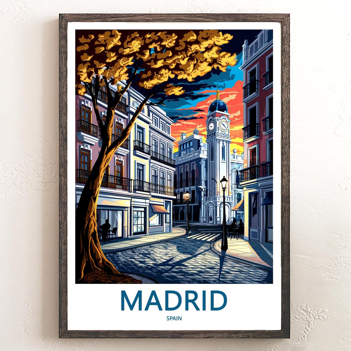 Madrid Clock Tower Street Sunset Vivid Orange Sky Art Poster