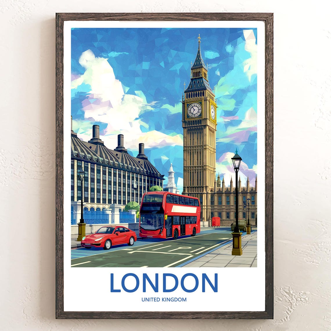 London Big Ben Geometric Low Poly Red Bus Street Artwork Poster