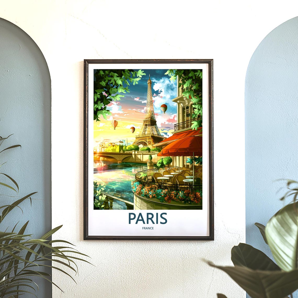 Eiffel Tower Riverside Cafe Hot Air Balloons Sunset Paris Poster - Image 3