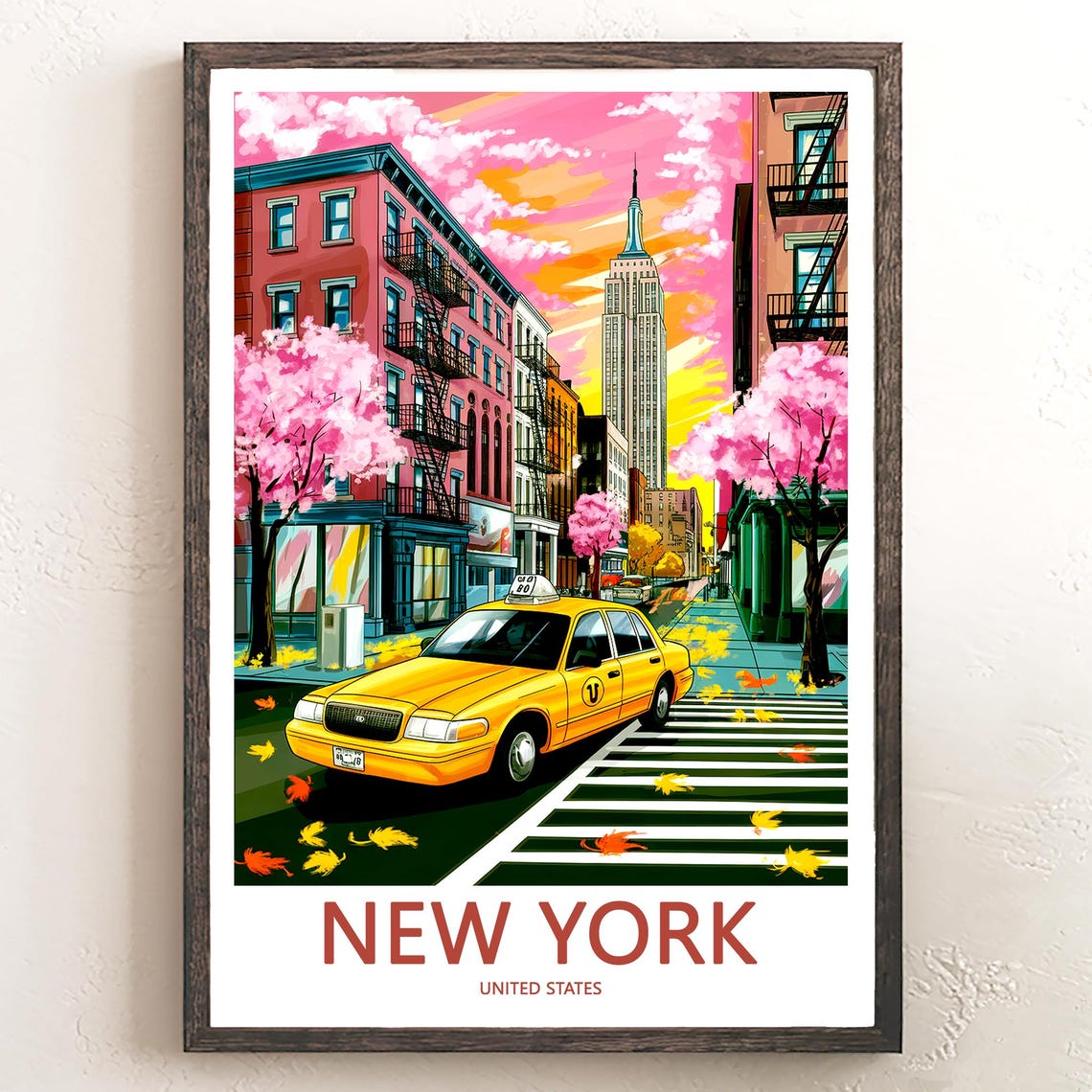 New York Yellow Taxi Cab at a Pink Sunset with Blossoms Poster