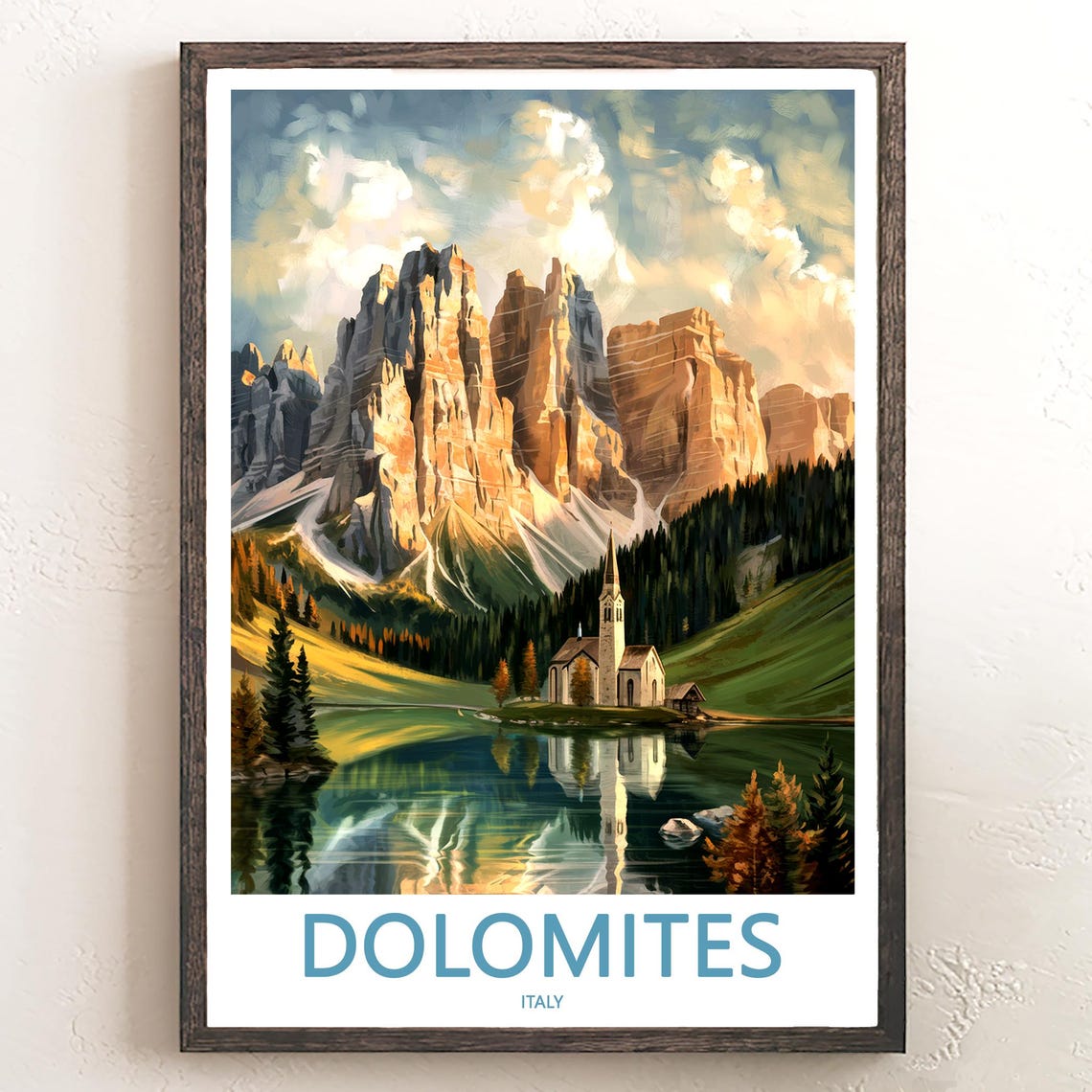 Dolomites Italy Golden Glowing Peaks Lake Church Travel Poster