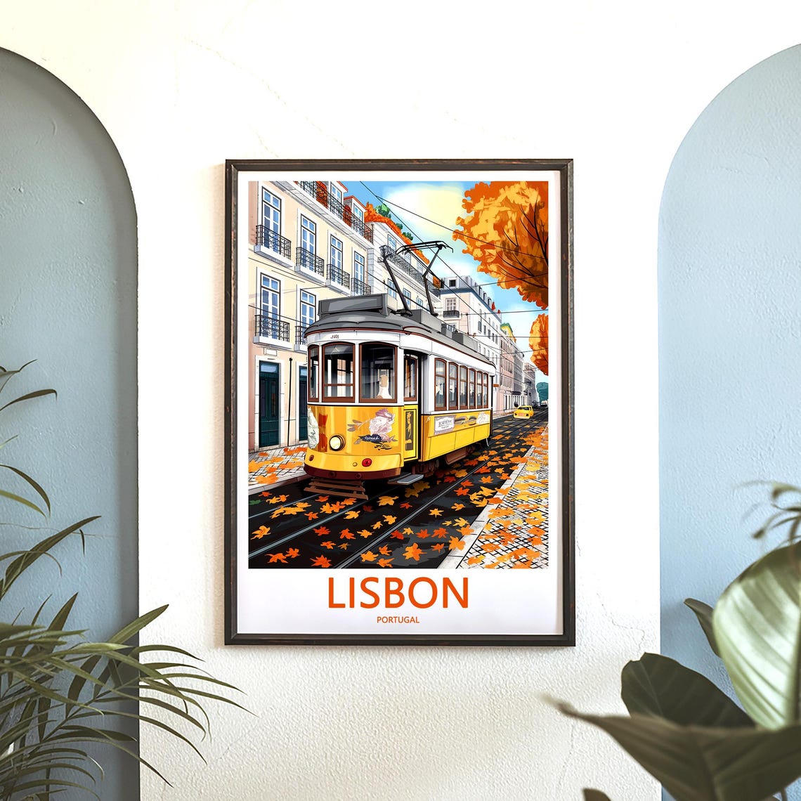 Lisbon Yellow Tram 1128 in Autumn With Fallen Orange Leaves Poster - Image 3