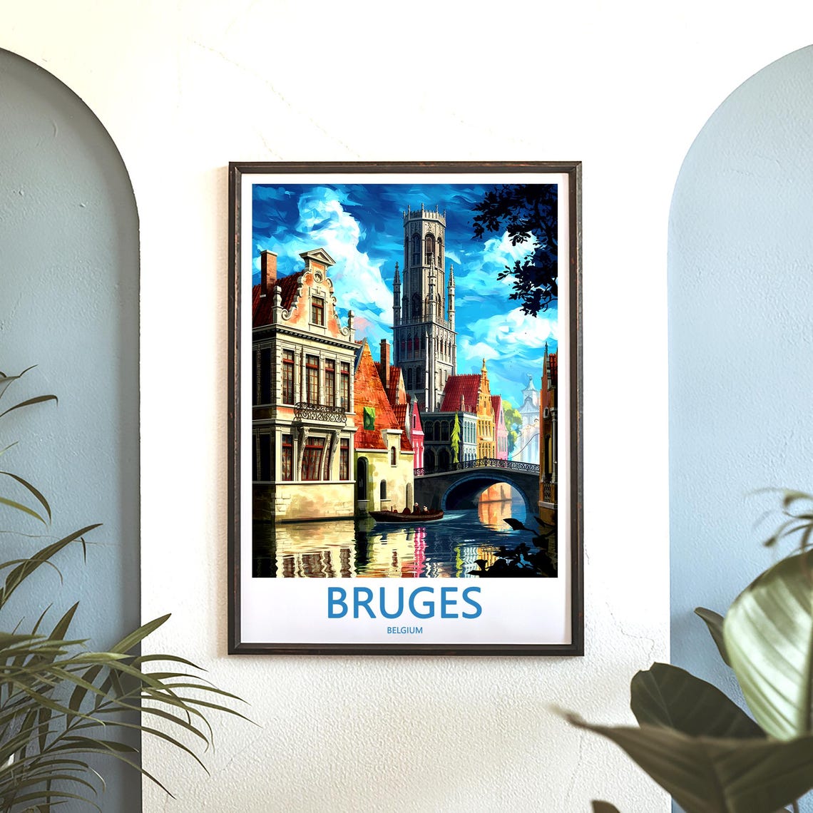Bruges Daytime Canal Bridge with Belfry Tower Belgium Travel Poster - Image 3