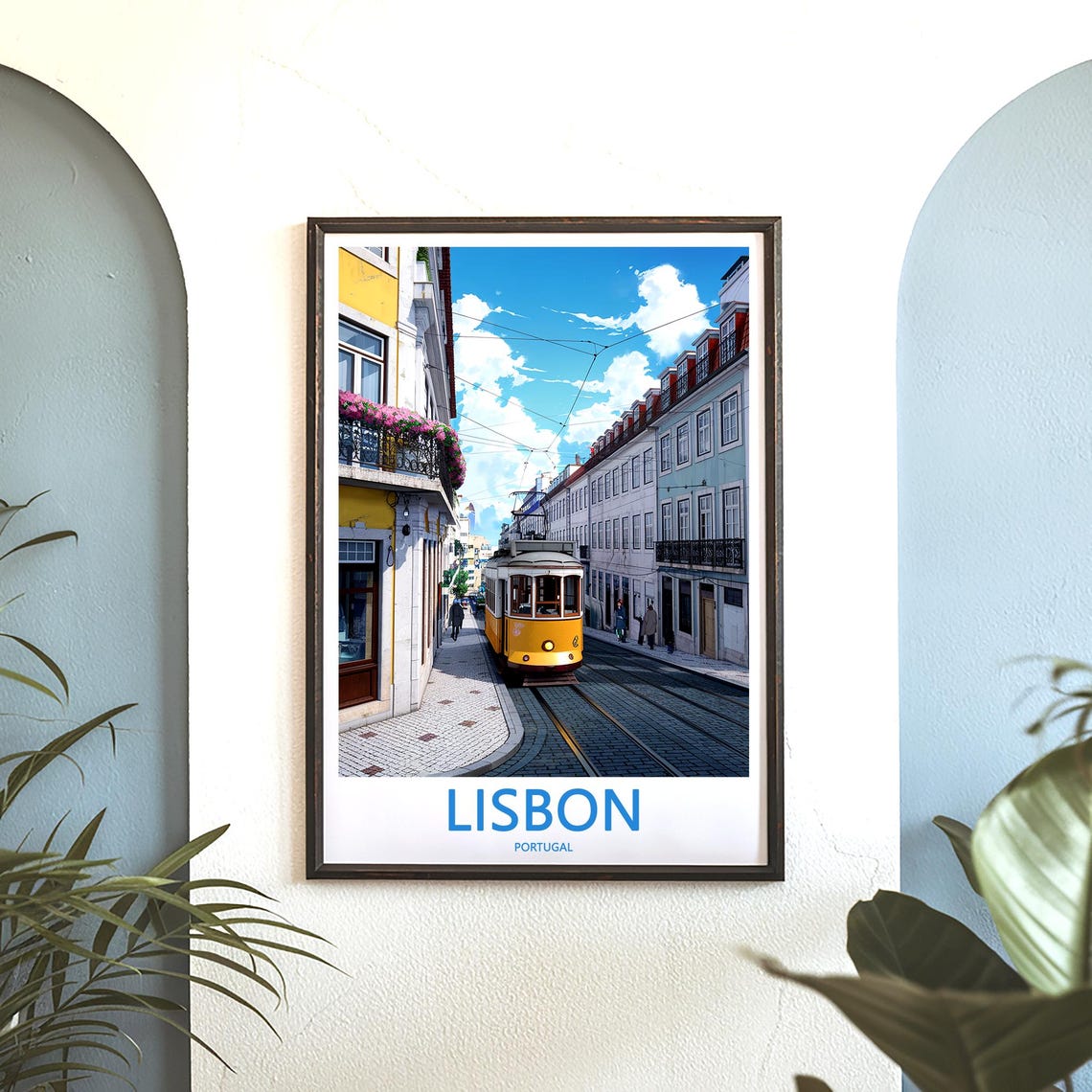 Lisbon Vintage Yellow Tram Alfama Street Bright Blue Sky Poster - Image 3